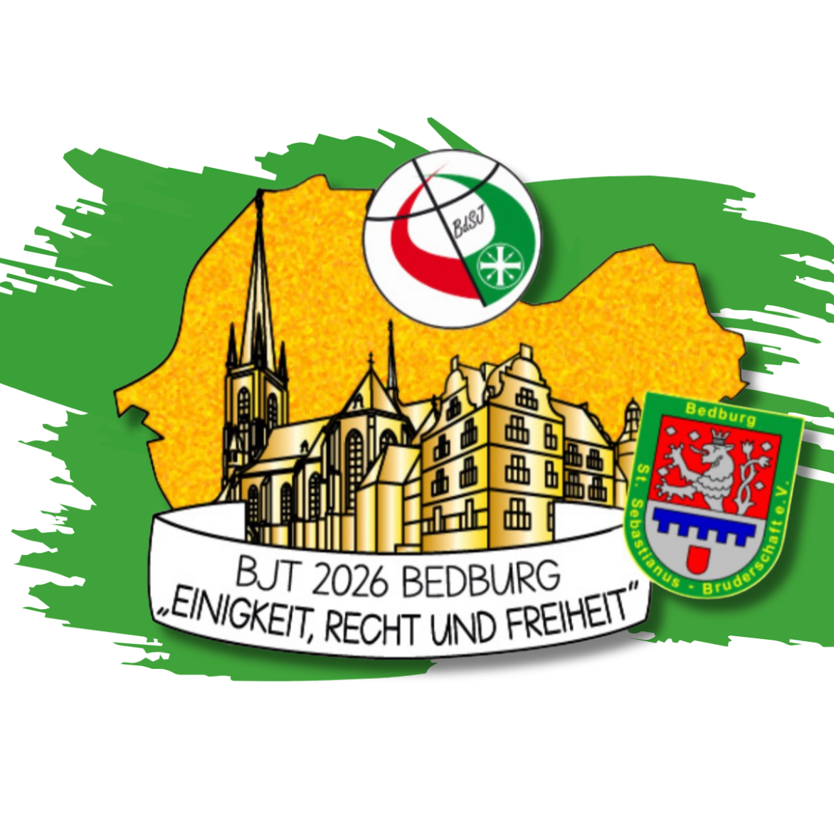 „Logo des Bundesjungschützentags 2026 mit dem Schriftzug ‚BJT 26‘ und grafischen Elementen in den Veranstaltungsfarben